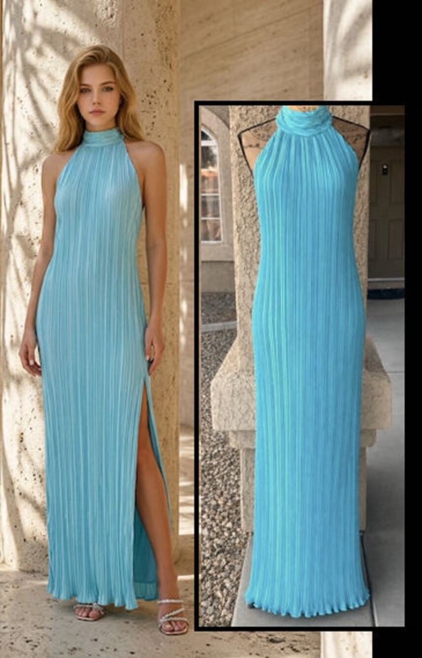 Lulus Gwenny Aqua Blue Satin Plisse Maxi Dress Size L NEW